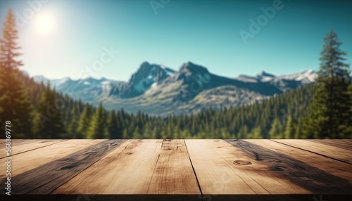 Empty Wood floors and views forest mountain  by ai generative