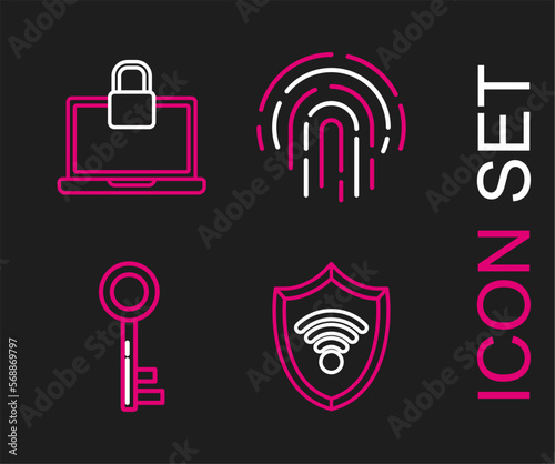 Set line Shield with WiFi wireless internet network, Key, Fingerprint and Laptop and lock icon. Vector