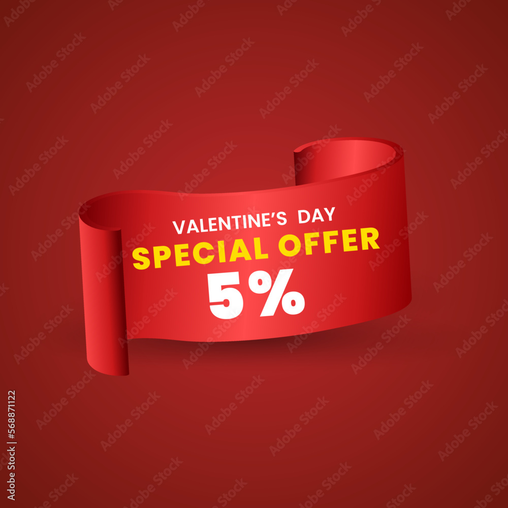 5 percent Special red offer banner design, Red ribbon on red background used in product price tag or banners concept. special Valentine Day. Vector illustration