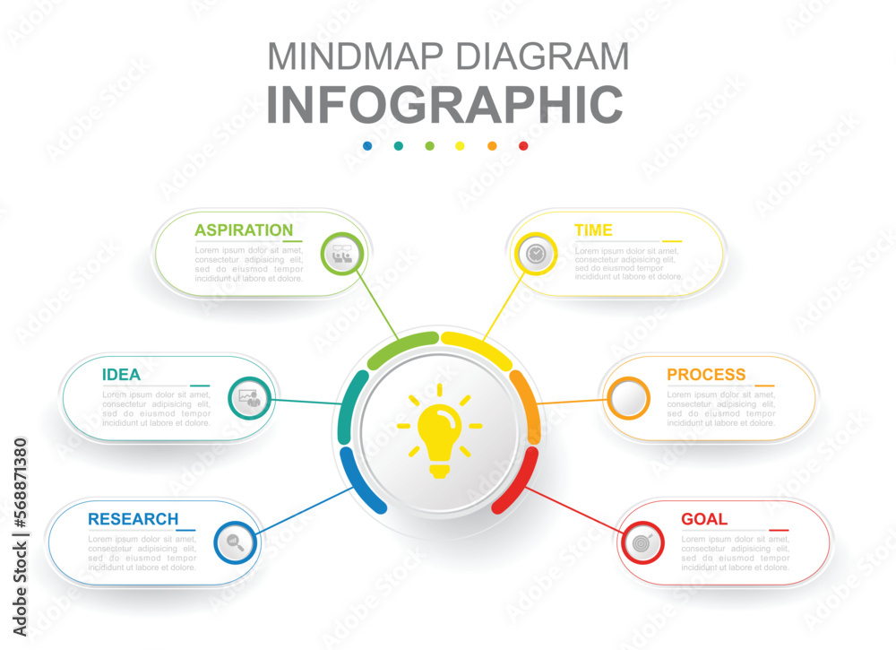 Infographic business template. 6 Steps Modern Mindmap diagram with rectangle topics. Concept presentation. Infographic business template. 6 Steps Modern Mindmap diagram with rectangle topics. Concept presentation.