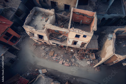 Fototapet  Photo capture the aftermath an earthquake in Turkey, showing a destroyed multistory building from a top view perspective captured by a drone