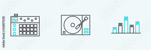 Set line Music equalizer, Drum machine and Vinyl player with vinyl disk icon. Vector