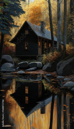 Old cabin in the woods near the river, mountain landscape ,made with Generative AI