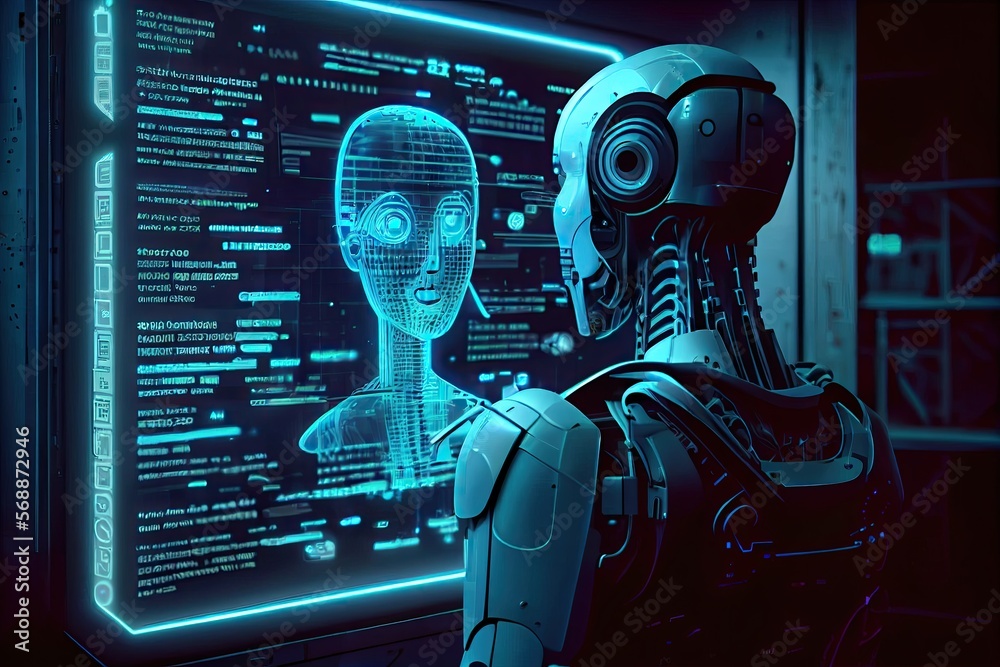 Robot looking at display with code, AI machine learning , generative ai Robot looking at display with code, AI machine learning , generative ai