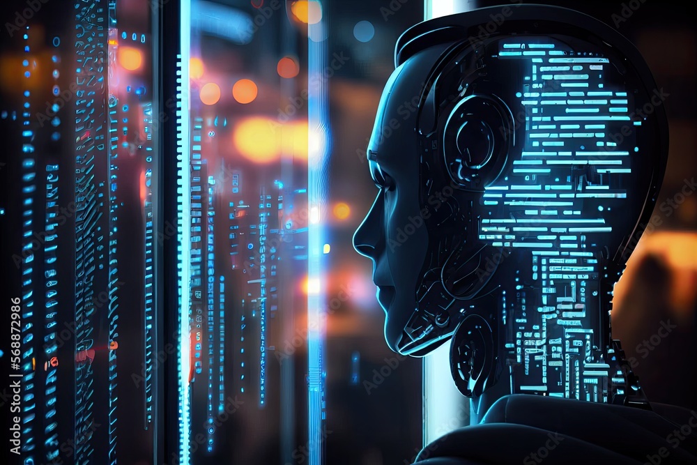 Robot looking at display with code, AI machine learning , generative ai Robot looking at display with code, AI machine learning , generative ai