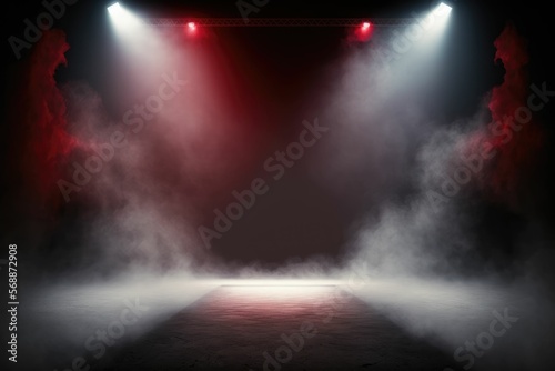 Spotlights illuminate empty stage with dark background  made with Generative AI