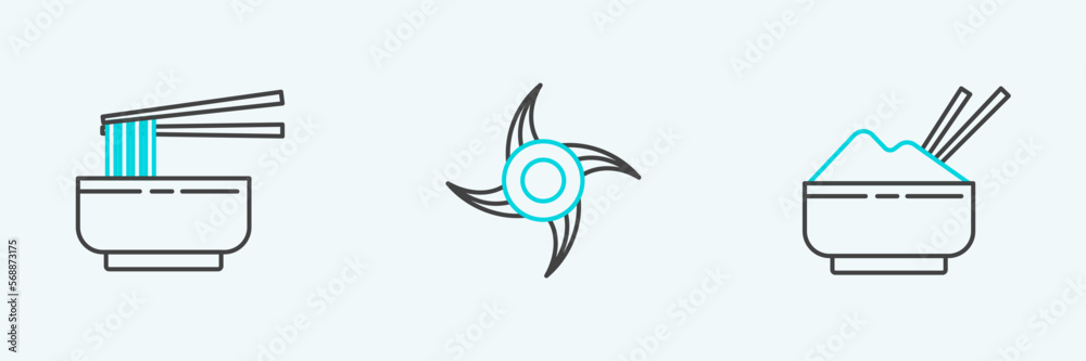 Set line Rice in a bowl with chopstick, Asian noodles and chopsticks and Japanese ninja shuriken icon. Vector Set line Rice in a bowl with chopstick, Asian noodles and chopsticks and Japanese ninja shuriken icon. Vector