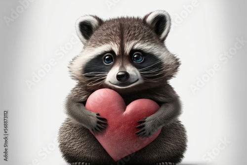 Cute raccoon hugging a red heart, Valentine's Day background ,made with Generative AI © DNY3D