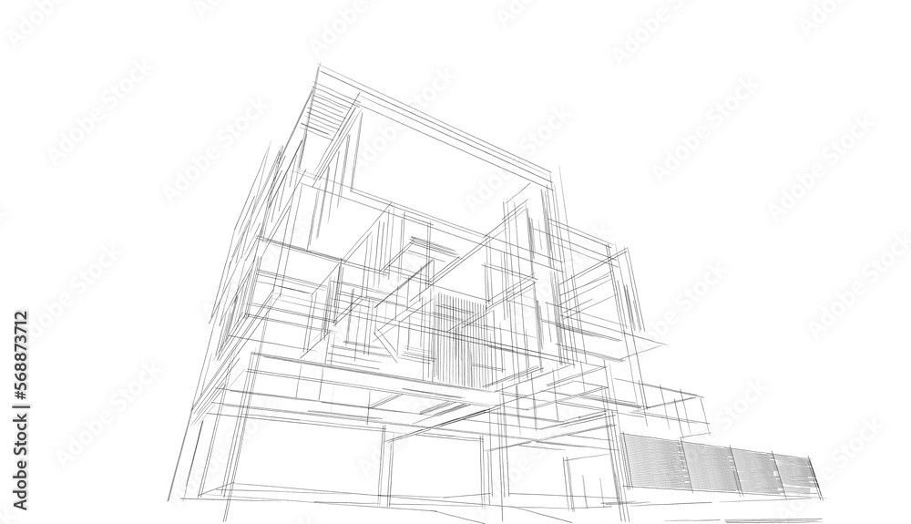 House concept sketch, architectural drawing 3d illustration