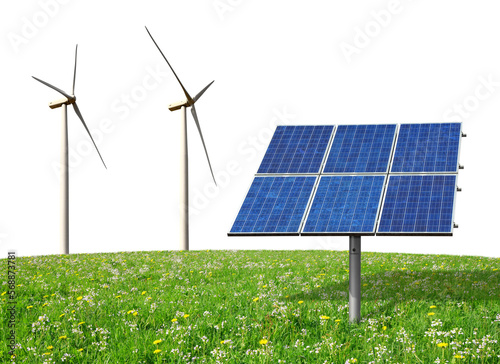 Solar energy panel and wind turbines isolated on transparent background, PNG. Clean energy concept.