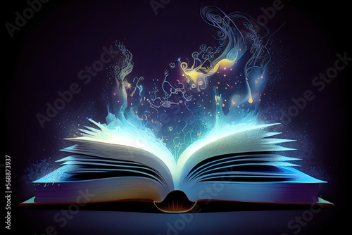 Spellbook, sorcery and magic. Open Book of spells with glow lights generative ai