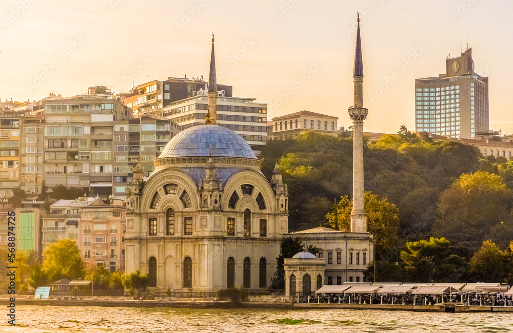 Grand Mecidiye Mosque in Istanbul. Ortaköy Mosque on the shore of Bosphorus in Istanbul, Turkey