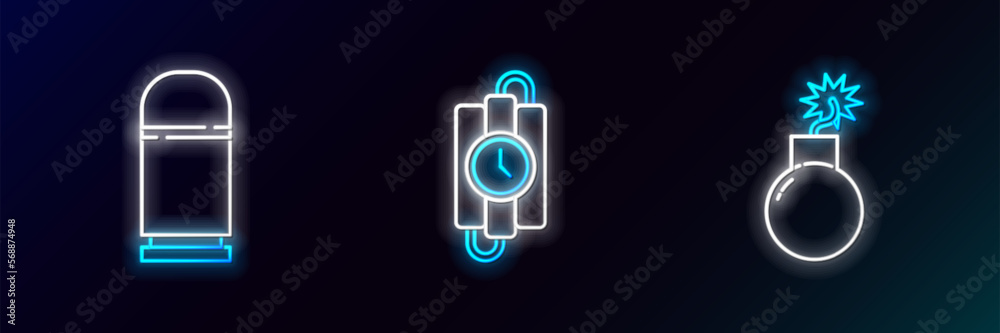 Set line Bomb ready to explode, Cartridges and dynamite stick and timer clock icon. Glowing neon. Vector Set line Bomb ready to explode, Cartridges and dynamite stick and timer clock icon. Glowing neon. Vector