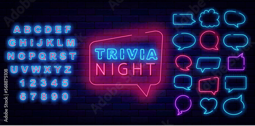 Trivia night neon sign. Speech bubbles frames set. Quiz show. Game competition. Vector stock illustration
