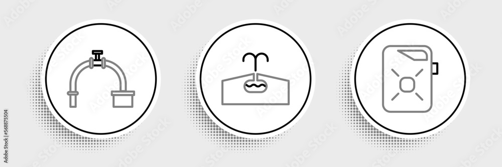 Set line Canister for motor oil, Industry pipe and valve and Oilfield icon. Vector Set line Canister for motor oil, Industry pipe and valve and Oilfield icon. Vector