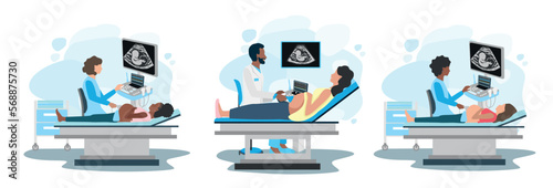 Vector set of happy pregnant women undergoing ultrasound examination. Examination, consultation and examination during pregnancy. Vector illustration in a flat style.