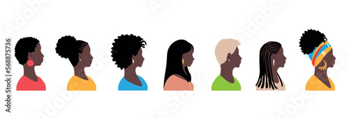 Set of profile of beautiful black women with different hairstyles. Vector illustration isolated on white background.