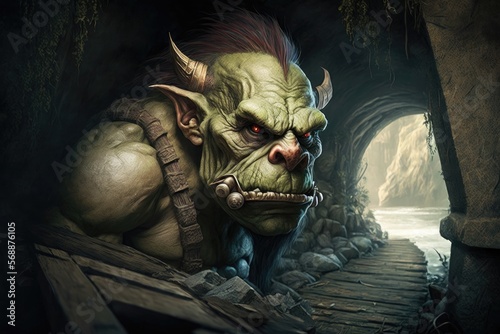 A troll with a hulking form and a scowling expression, hiding under a bridge and waiting for its next victim.Digital art painting,Fantasy art,Wallpaper