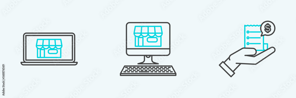 Set line Human hand holding with blank receipt or bill for payment, Shopping building on screen laptop and computer icon. Vector Set line Human hand holding with blank receipt or bill for payment, Shopping building on screen laptop and computer icon. Vector