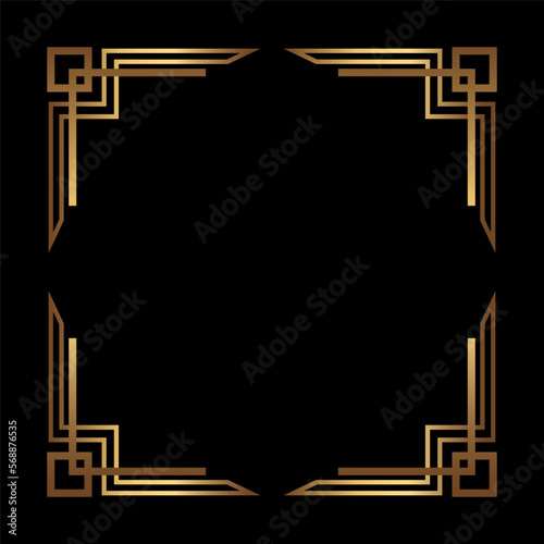 Art Deco Gold Square vector frame on black. Isolated metal border with empty space