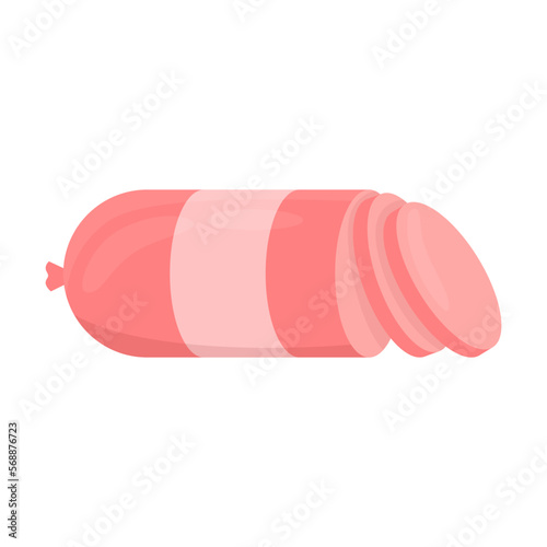 Chicken cooked sausage vector illustration. Cartoon drawing of cut sausage isolated on white background. Food, meat, shopping concept