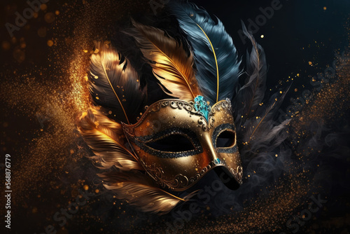 Luxury Mardi Gras golden mask with feathers. Dark background with shining bokeh effect and golden dust glitter. Banner of a venetian carnival concept with copy space. Generative AI. © Clàudia Ayuso