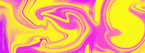 Psychedelic banner. Purple and yellow swirls. Noise effect. 80s style texture