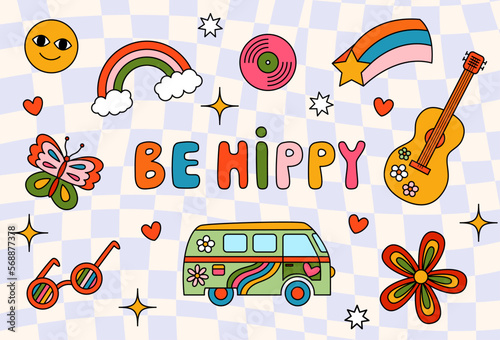 Be Hippy vector cartoon collection of stickers in 70s style. Isolated retro icons on groovy checkered backdrop