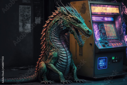 Chinese dragon and cryptomat on the street. Generative AI photo