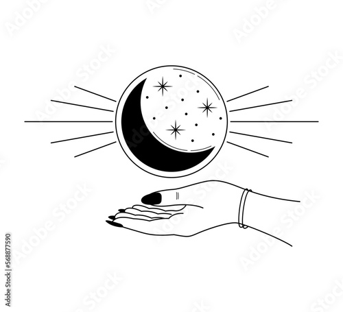 Vector linear esoteric illustration with hand holding a glass ball with crescent and stars isolated on white background