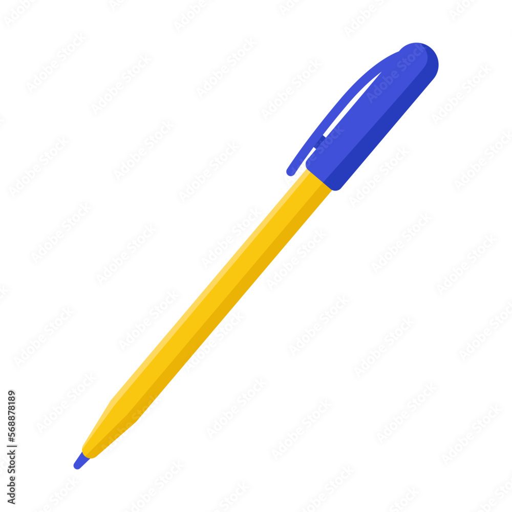 Student stationery vector illustration. Drawing of ballpoint pen with cap. Stationeries, education, back to school concept Student stationery vector illustration. Drawing of ballpoint pen with cap. Stationeries, education, back to school concept