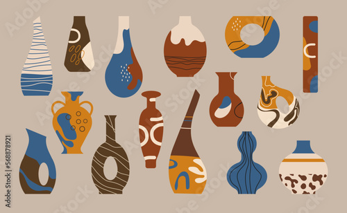 Ceramic Vases and random Abstract doodle objects. Abstraction, Pottery concept. Various textures. Hand drawn Vector set. Trendy colorful illustration. All elements are isolated