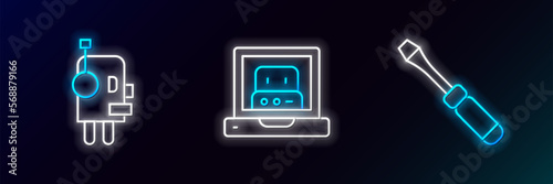 Set line Screwdriver, Robot and Creating robot icon. Glowing neon. Vector