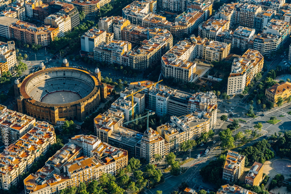 Aerial view of typical buildings of Barcelona cityscape from helicopter. top view, Eixample residencial famous urban grid