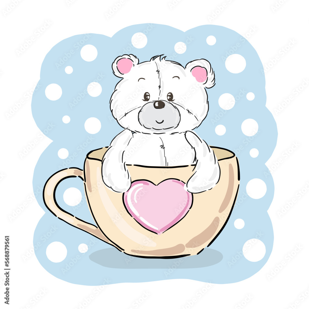 Fototapeta premium Cute baby cartoon bear sitting in cup. Vector illustration. Can be used for t-shirt print, kids wear fashion design, baby shower invitation card