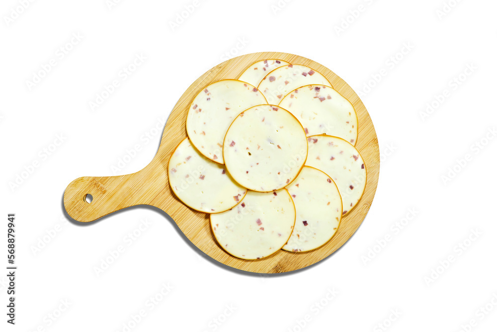 smoked cheese slice in cutting board isolated on white background smoked cheese slice in cutting board isolated on white background
