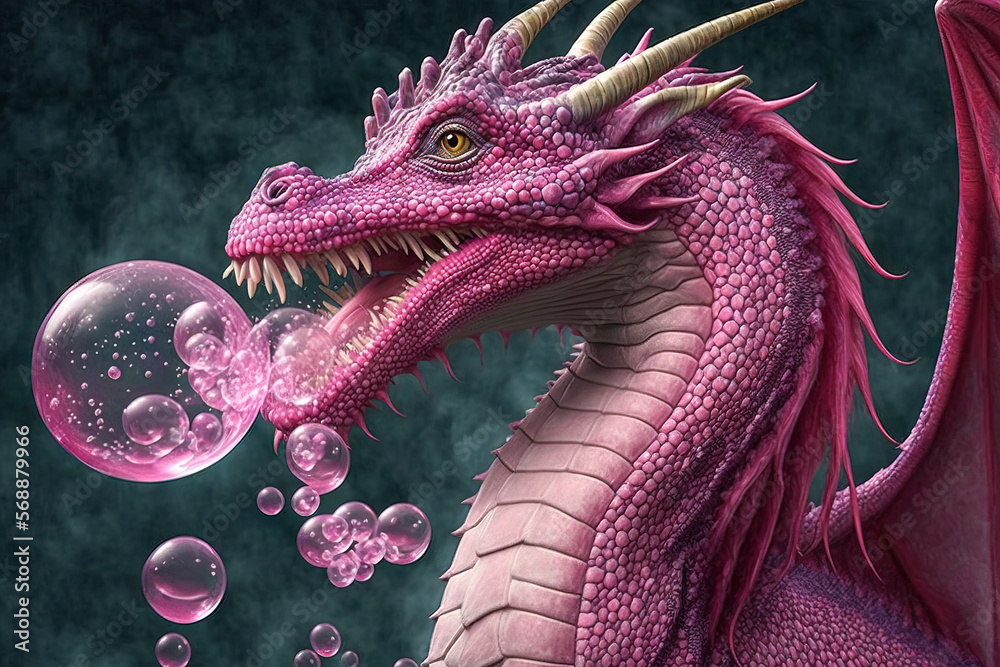 Beautiful dreamy pink dragon the color of bubble gum blowing bubbles