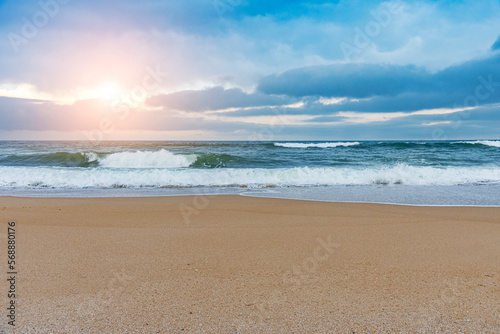 Storm sea. Waves on the sea dispersed by the wind on a cloudy day.