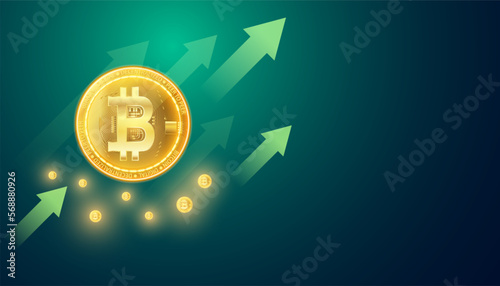 Abstract Bitcoin Decentralized Cryptocurrency in a bullish period, ascending chart, bullish signal, green, on a blue-green background, futuristic, modern.