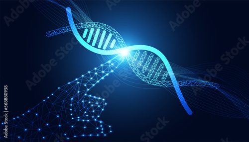 Abstract hand digital wireframe pointing dna concept medical science experiment and gene editing on blue background beautiful modern