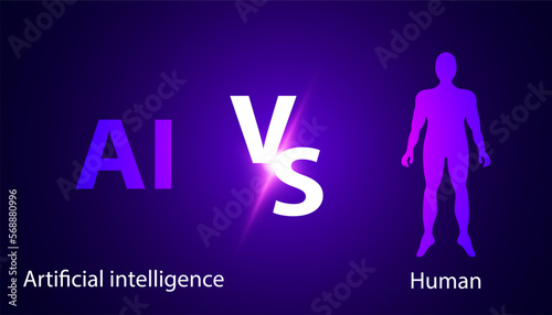 Abstract artificial intelligence vs humans, AI versus human analogy concept, AI replacements such as ChatGPT, OpenAI on a blue, purple, futuristic beautiful background.
