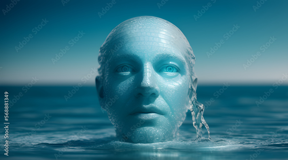 a water sculpture of a human head on the ocean water, water