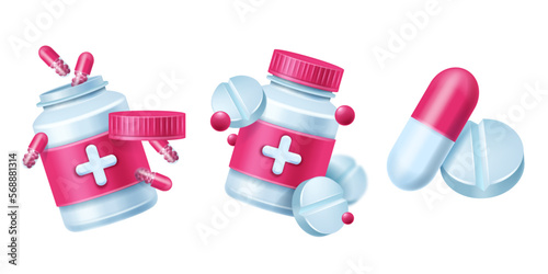 3D pills bottle icon, product medicine packaging vector tablet pharmacy order illustration on white. Drug chemistry plastic container, vitamin painkiller concept. Pills bottle prescription antibiotic