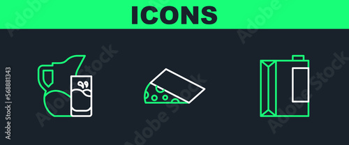 Set line Paper package for kefir, Milk jug pitcher and glass and Cheese icon. Vector