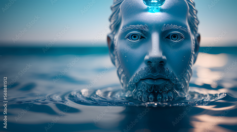 a water sculpture of a human head on the ocean water, water