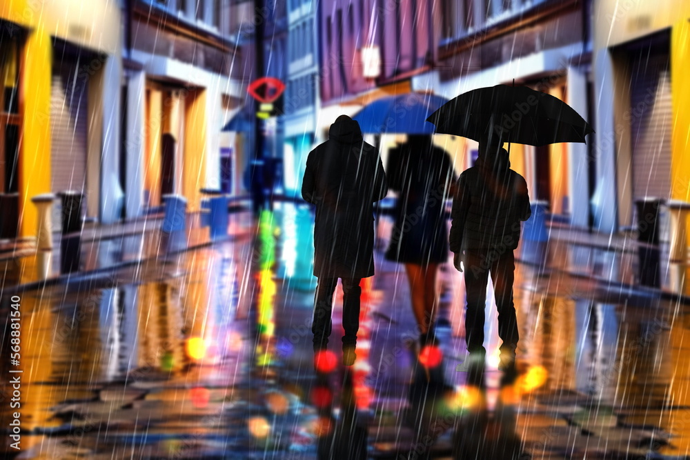 night city rain,  building windows carrs traffic light pedestrian with umbrellas walk urban life style generated ai