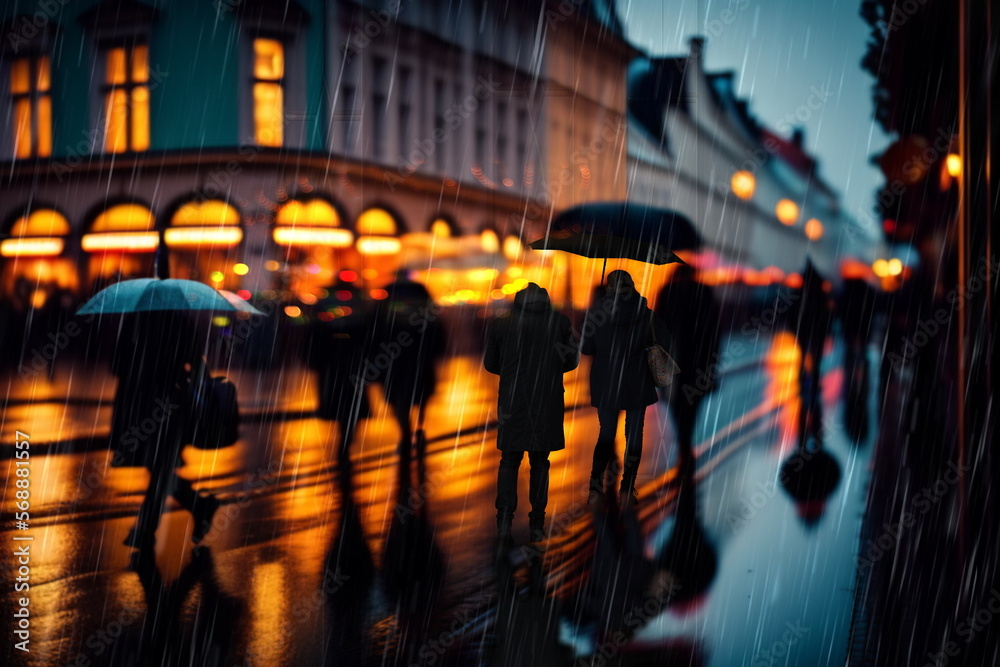 night city rain,  building windows carrs traffic light pedestrian with umbrellas walk urban life style generated ai