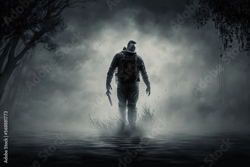 micheal myers doing the moonwalk in a foggy dark swamp, in the style of classic horror, hyper realistic, 4k, generative artificial intelligence  photo