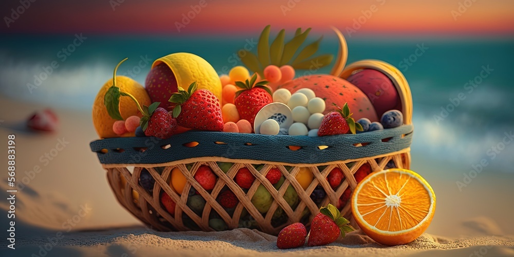 Naklejka premium romantic fruit basket with bokeh background of beach, generative artificial intelligence