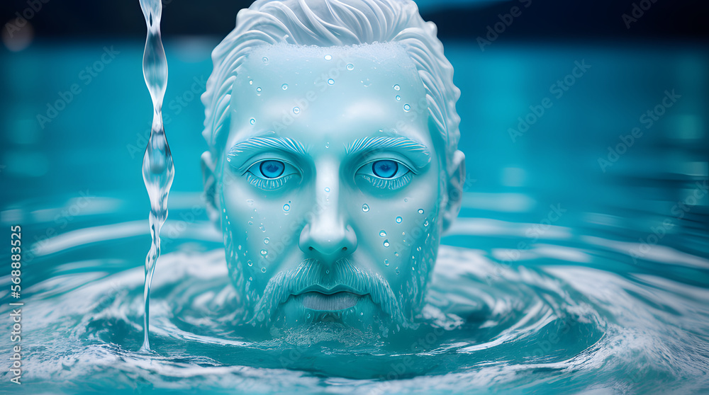 a water sculpture of a human head on the ocean water, water